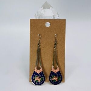 Earrings Cloisonne Floral Drop Blue Multicolor 80s VTG Jewelry Hook Retro Flower